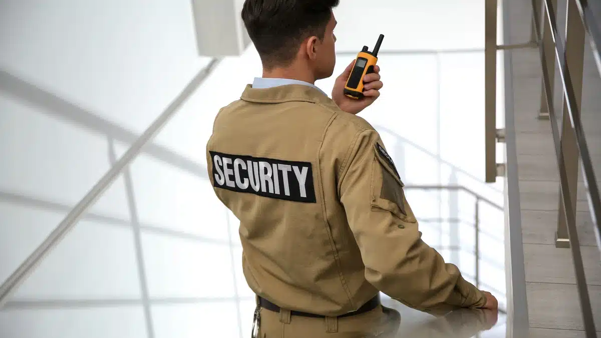 A Business Owner’s Guide to Hiring Security Guards in Fort Worth A business owner’s guide to hiring security guards in Fort Worth, featuring a guard on a stairwell using a walkie-talkie while ensuring safety, communication, and reliable protection for commercial properties.