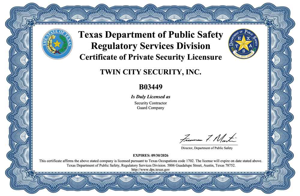 License # B03449 Texas security license certificate, Twin City Security Inc. - License # B03449